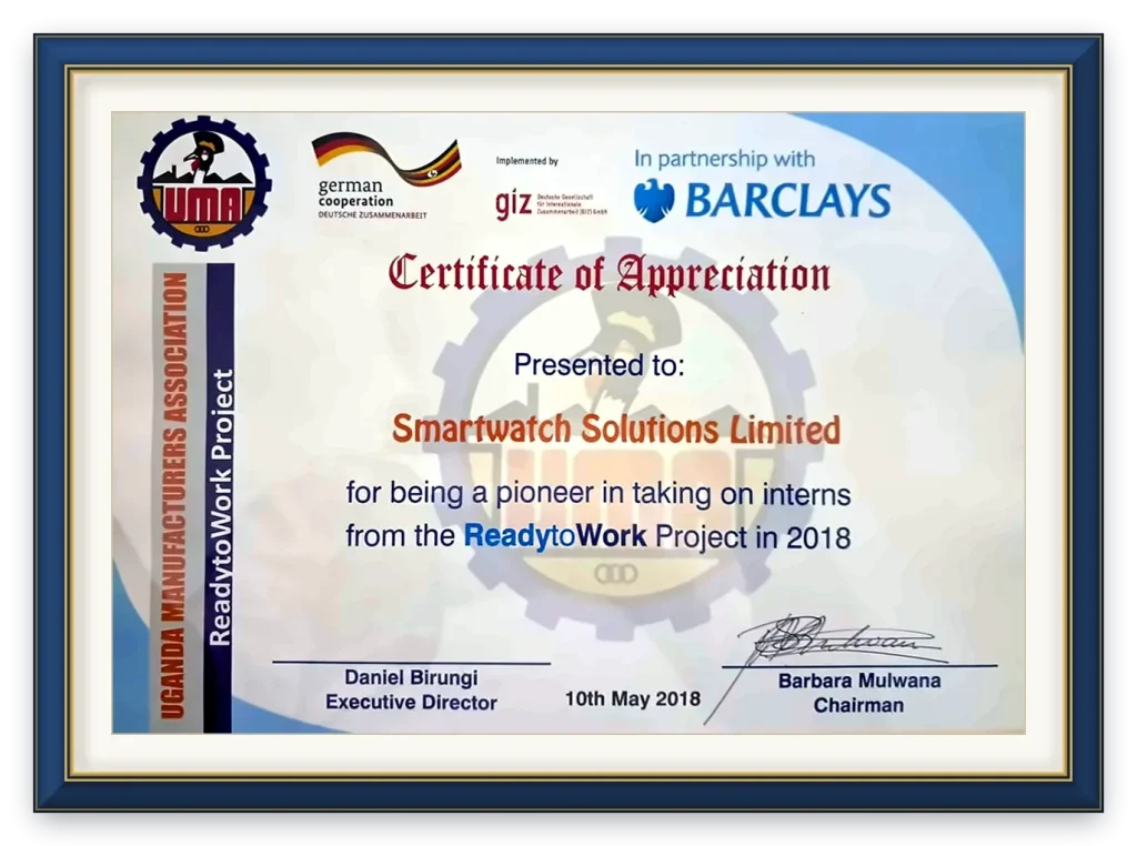 Framed Uganda Manufacturers Association Certificate of Appreciation presented to Smartwatch Solutions Limited for taking on interns from the ReadytoWork Project in 2018