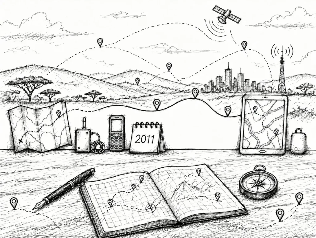 Pen sketch of fleet tracking since 2011: a paper map, early tracker and phone, a 2011 calendar and a tablet map, linked by routes across East African hills to a city, a satellite and a mast